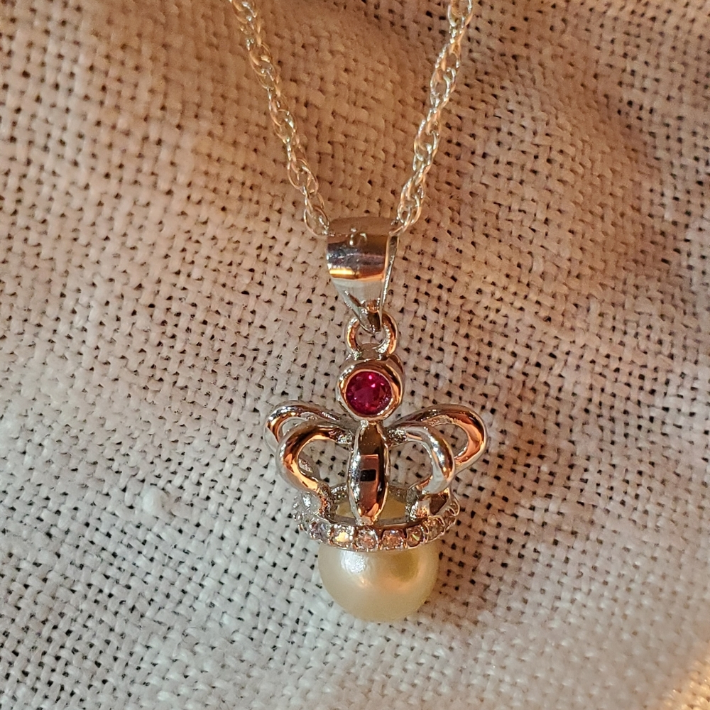 Vantel Pearls 925 Silver Crown Jewel Necklace with Pearl Little Girl Valentines